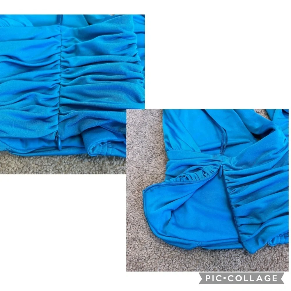 Zara blue ruched deep plunge V-neck halter crop top crisscross open back Sz XL - Picture 12 of 13